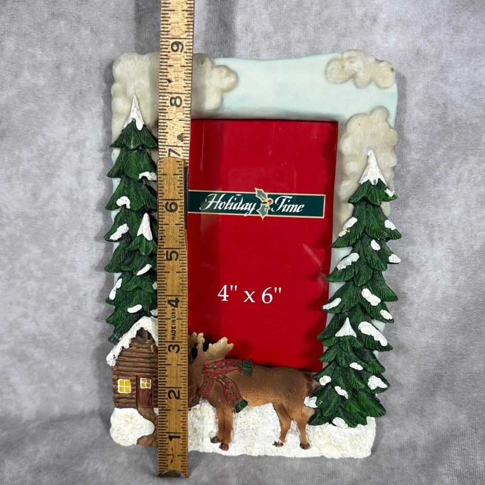 Vtg 3D Christmas Picture Frame Moose Log Cabin Country Rustic Holiday Decor NIB